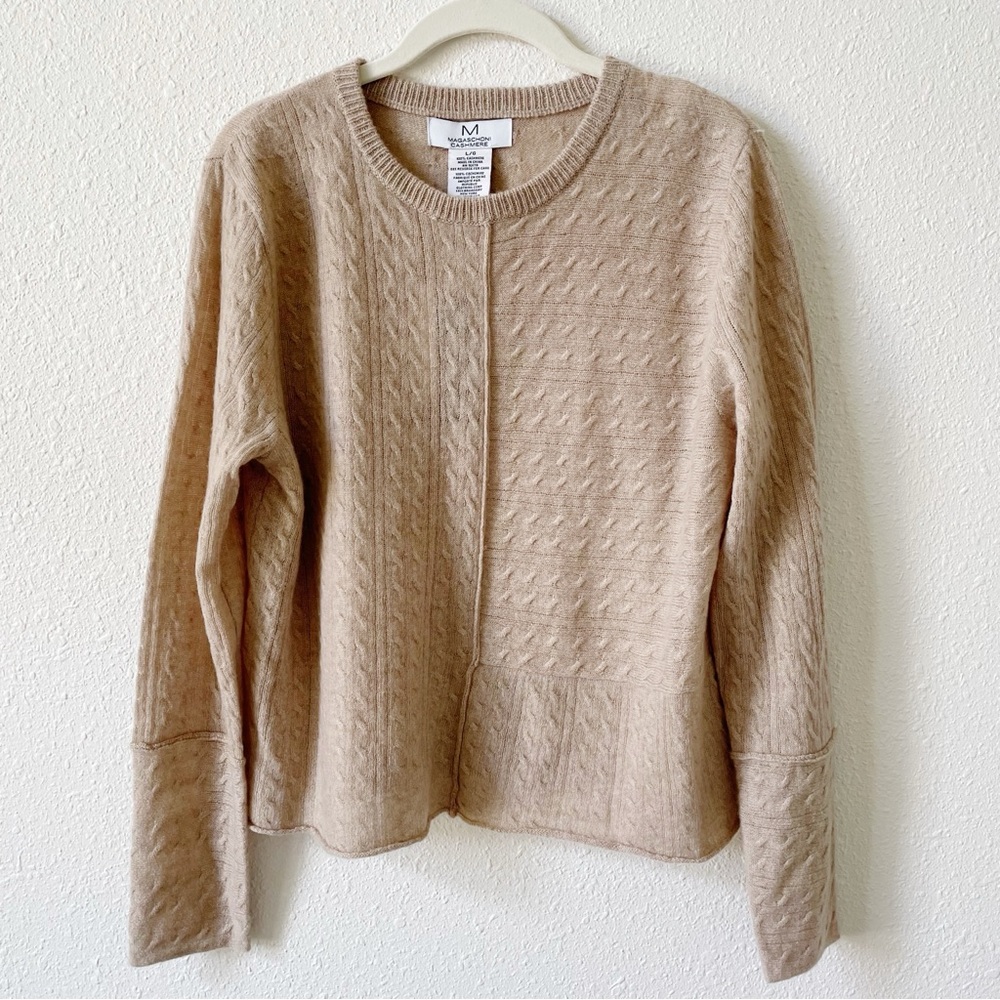 Magaschoni 100% Cashmere Cable Knit Sweater Sz Large Dune Heather Luxury Neutral